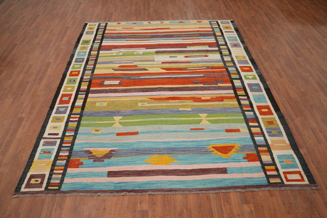 Vibrant Geometric Stripes Kilim Rug 8x10 for a Bold Statement