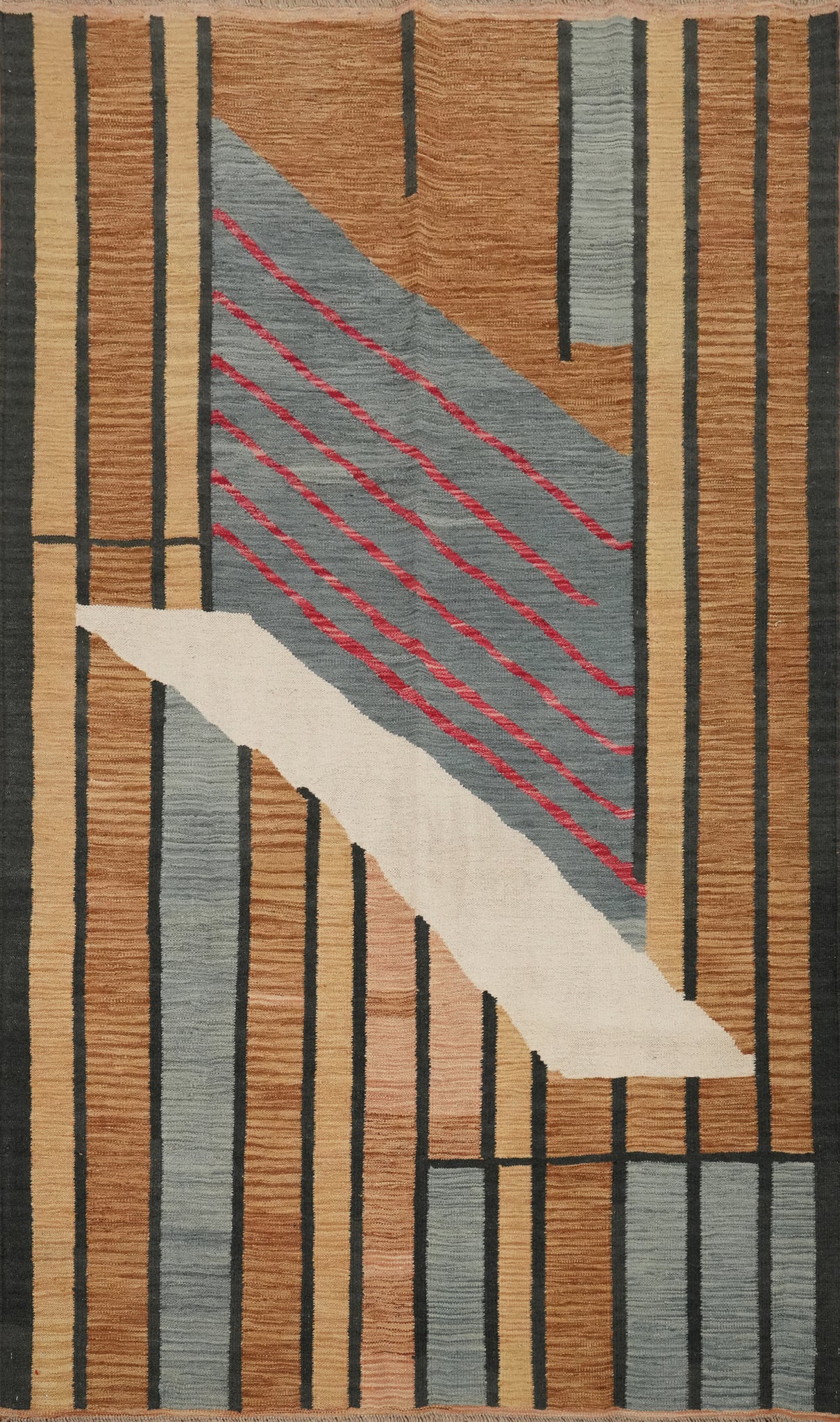 Modern Geometric Art Kilim Area Rug 5x8 with Accents and Bold Lines