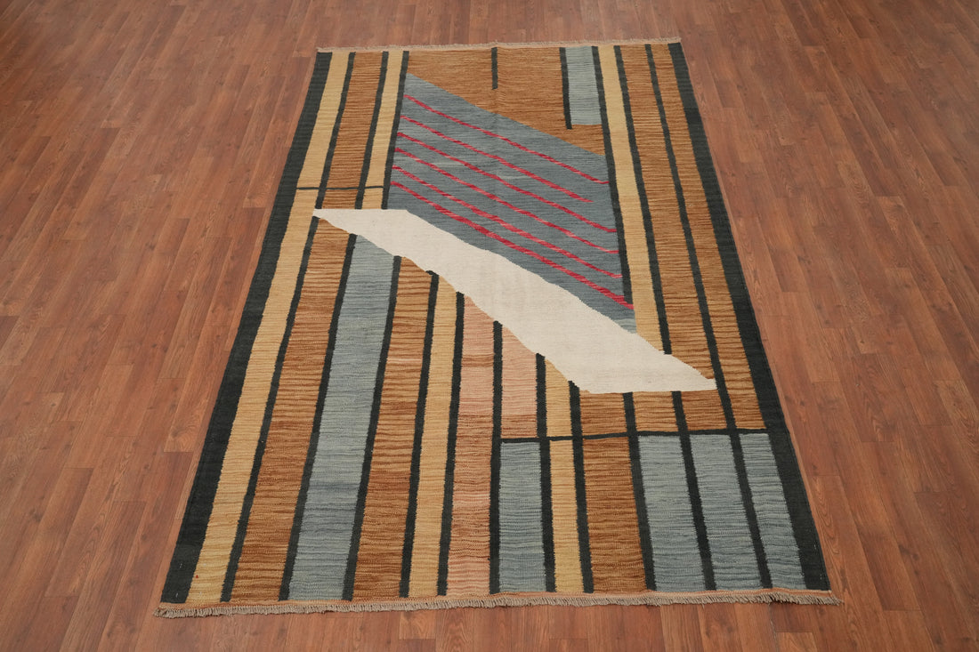 Modern Geometric Art Kilim Area Rug 5x8 with Accents and Bold Lines
