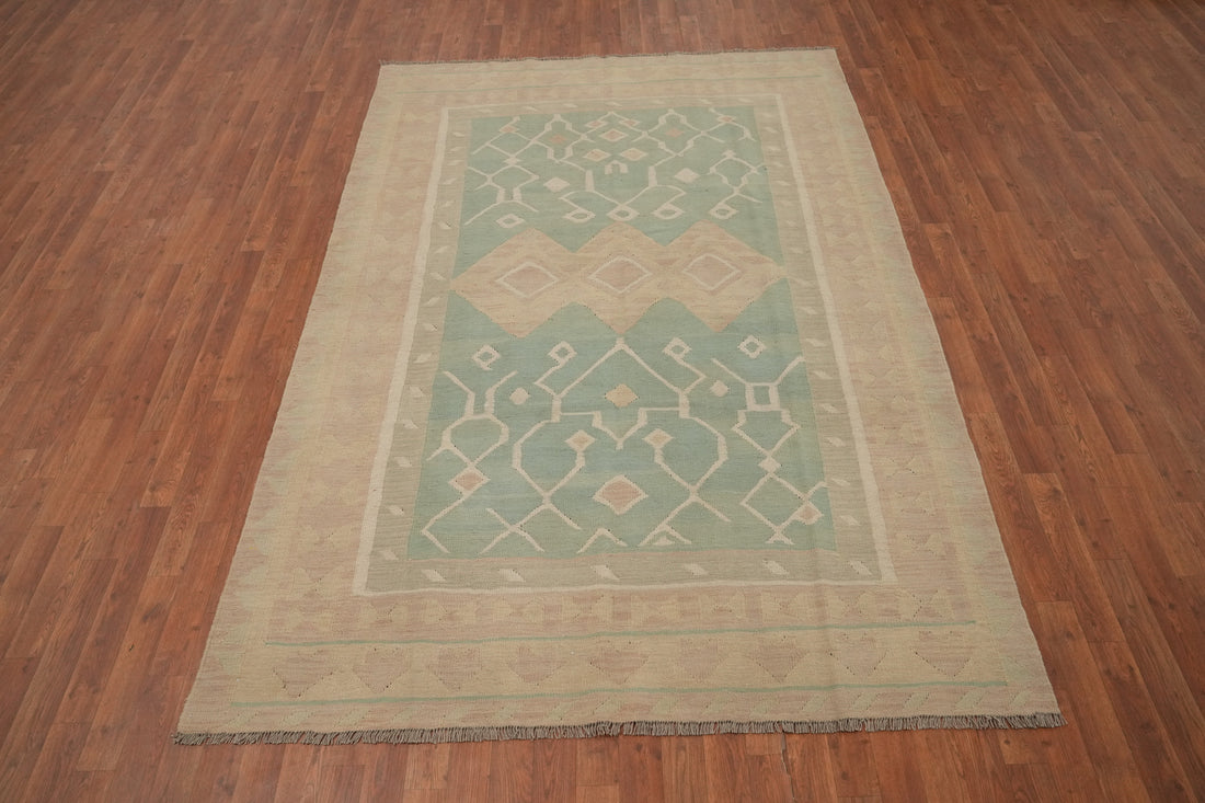 Green Wool Kilim Flat Weave Area Rug 6x9
