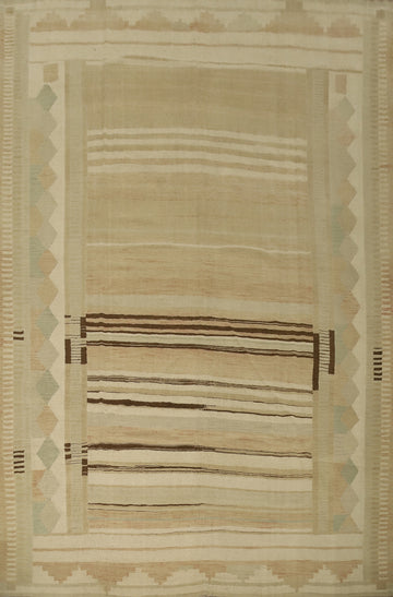Elegant Beige Kilim Area Rug 9x12 with Geometric and Stripe Patterns