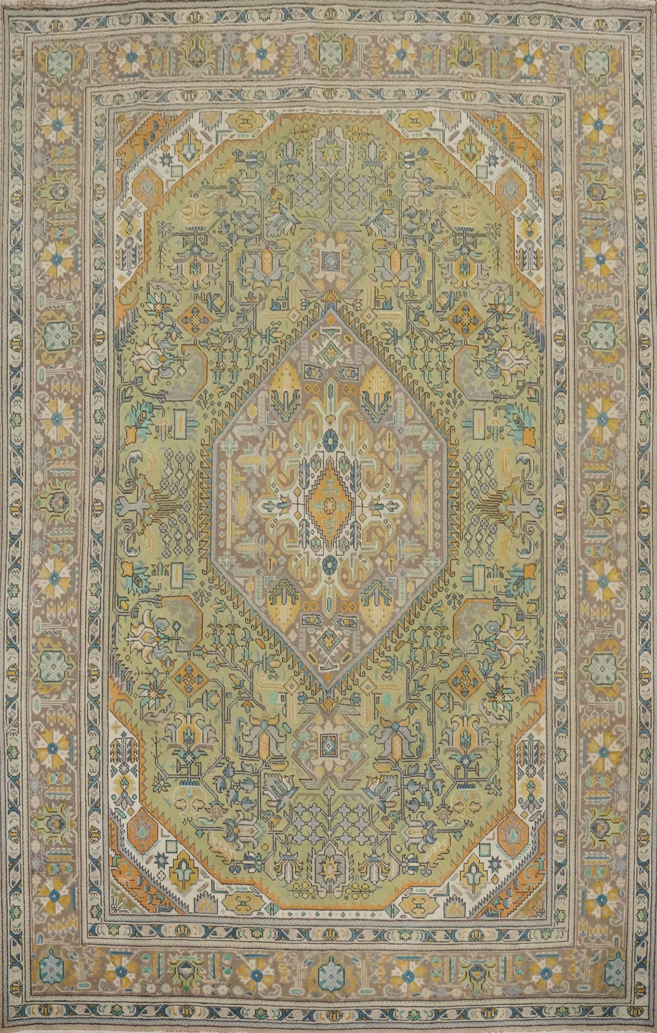 Green Geometric Wool Tabriz Persian Area Rug 8x11