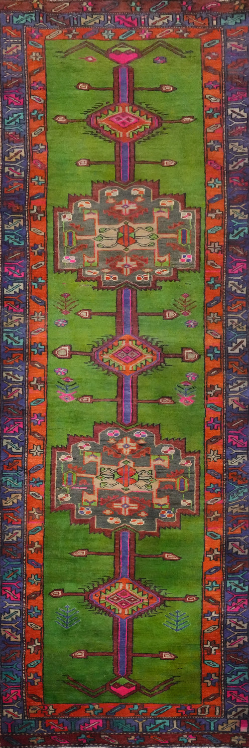 Green Geometric Hamedan Persian Runner Rug 3x10