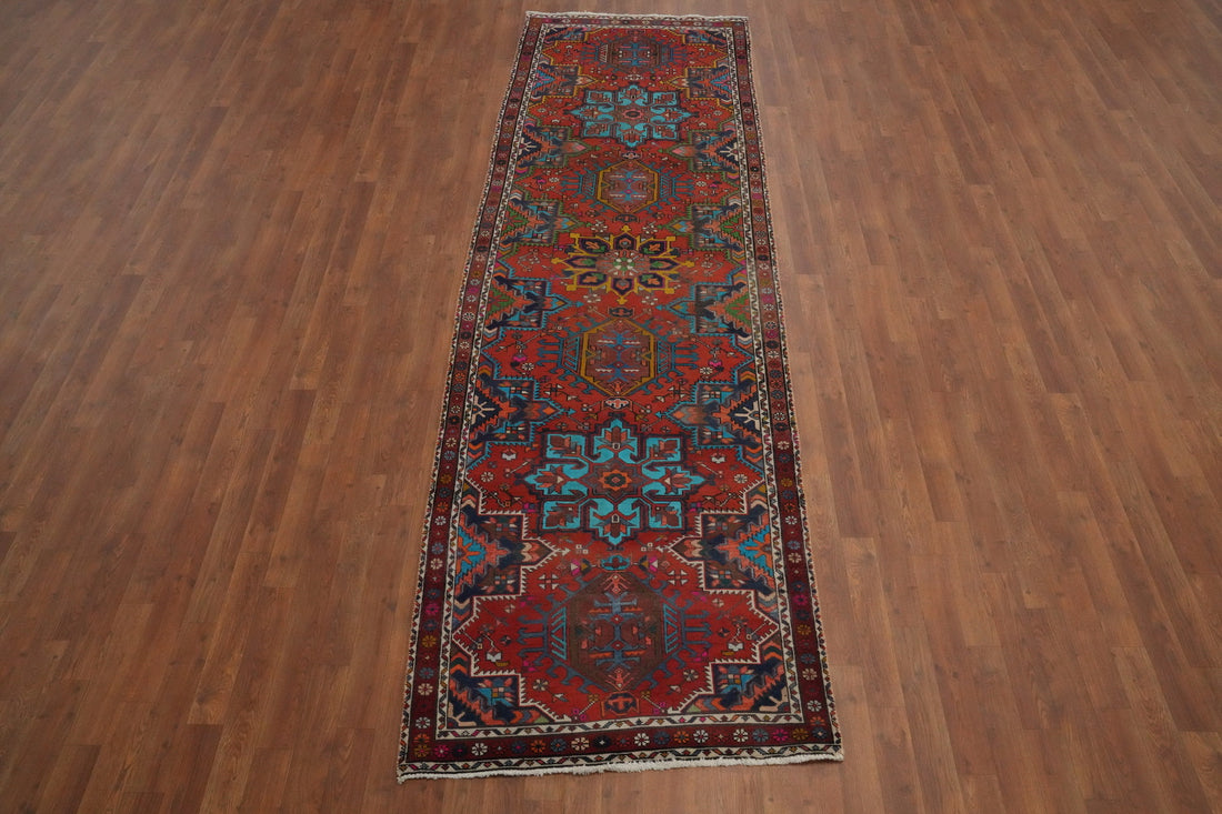 Geometric Wool Heriz Persian Runner Rug 3x11