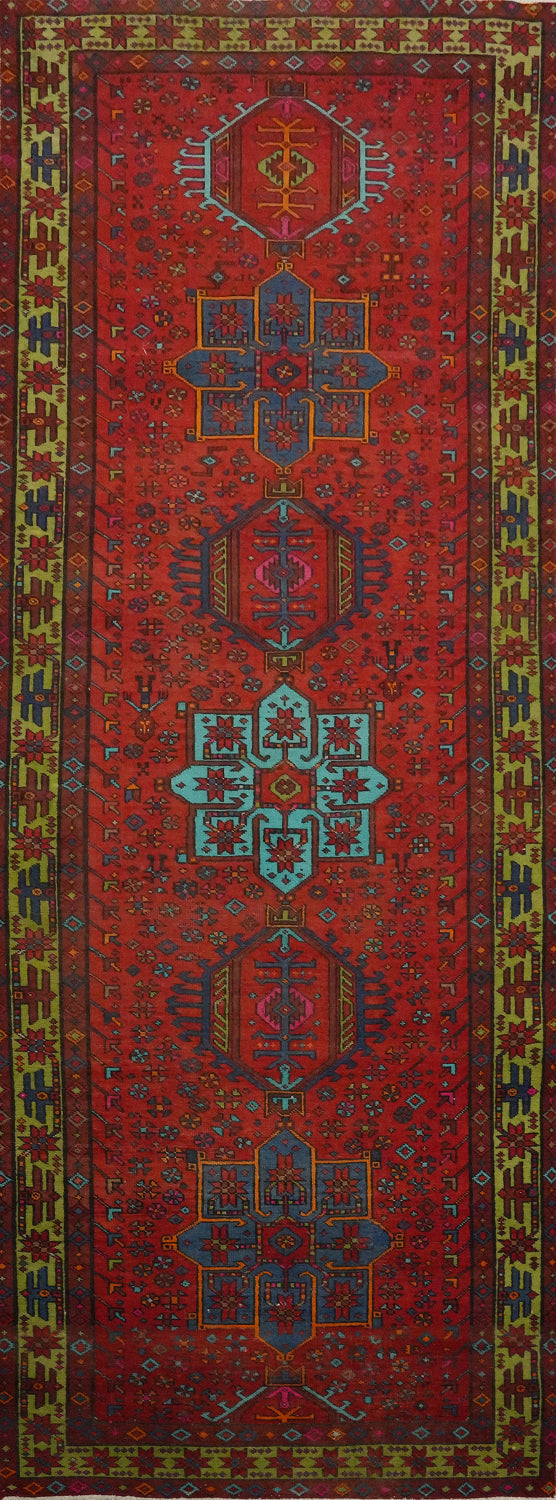 Red Wool Vintage Heriz Persian Runner Rug 4x11