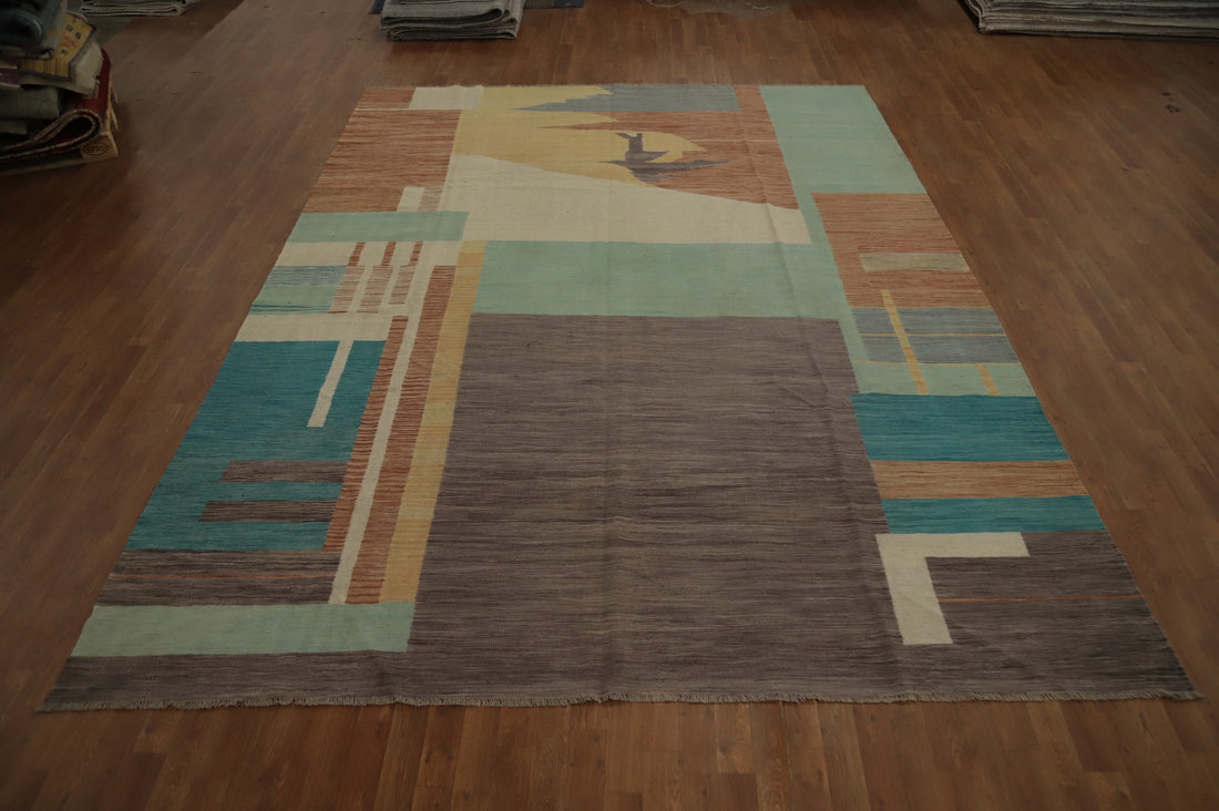 Vegetable Dye Modern Kilim Handwoven Area Rug 9x12