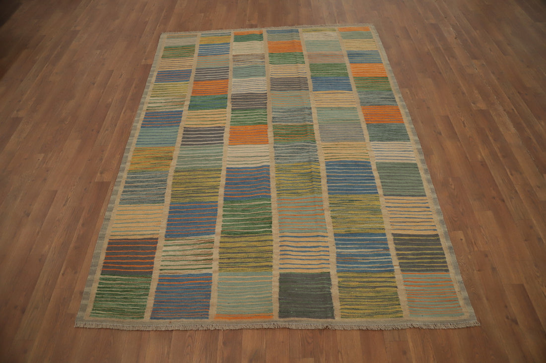 Vegetable Dye Striped Wool Kilim Handwoven Rug 5x7