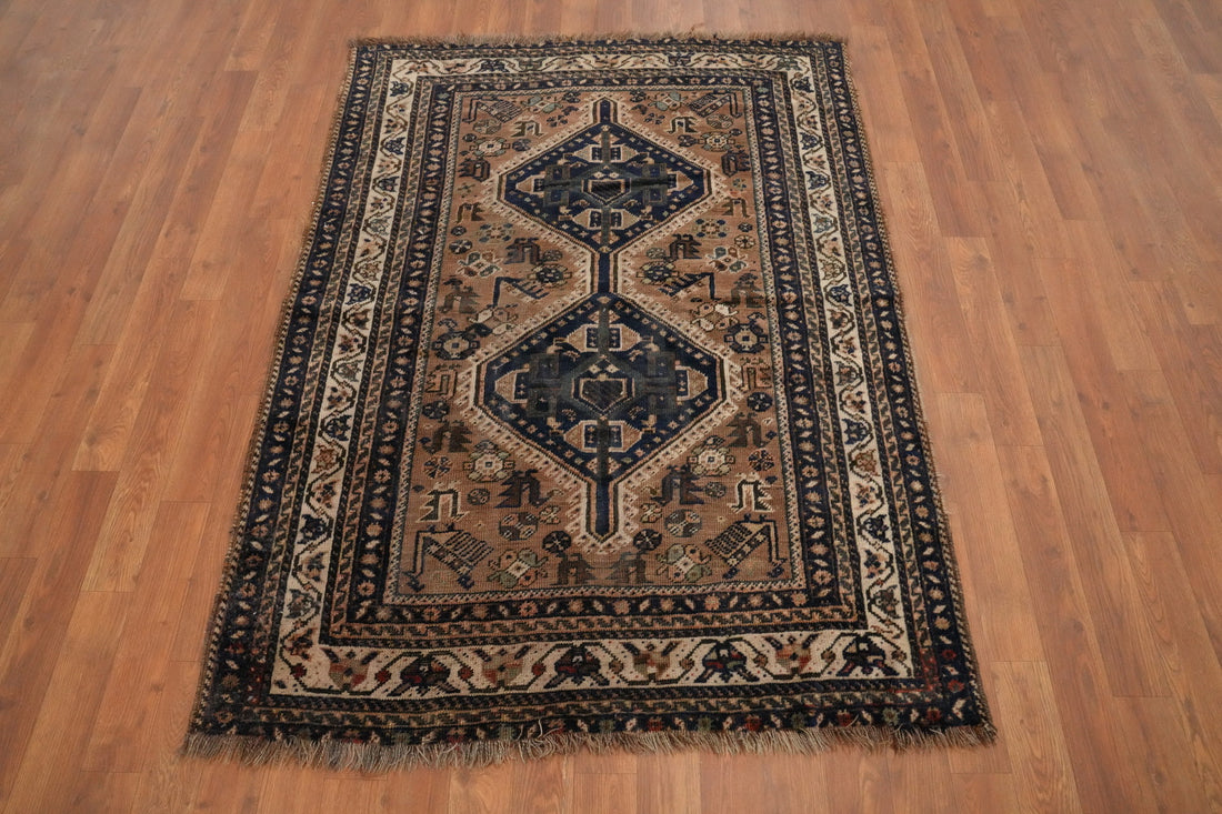 Antique Vegetable Dye Qashqai Persian Rug 4x5
