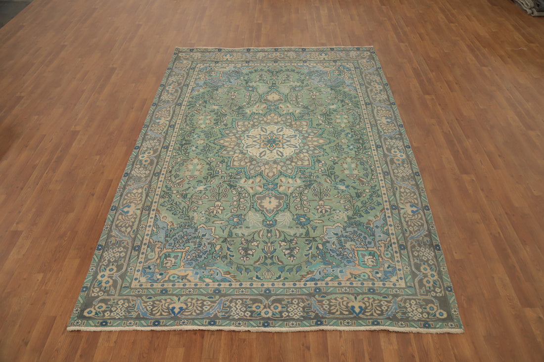 Green Floral Medallion Tabriz Persian Area Rug 7x10