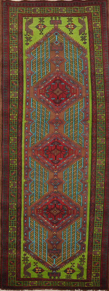 Green Wool Animals Ardebil Persian Runner Rug 4x11