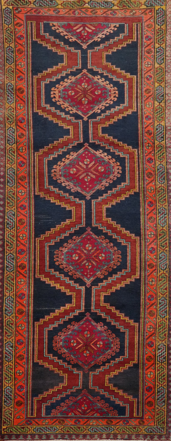 Navy Blue Geometric Ardebil Persian Runner Rug 4x10