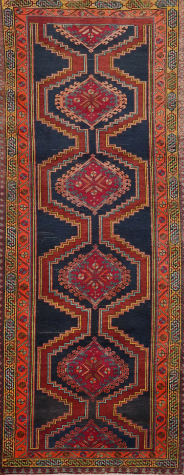 Navy Blue Geometric Ardebil Persian Runner Rug 4x10
