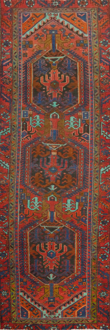 Vintage Geometric Heriz Persian Runner Rug 3x10