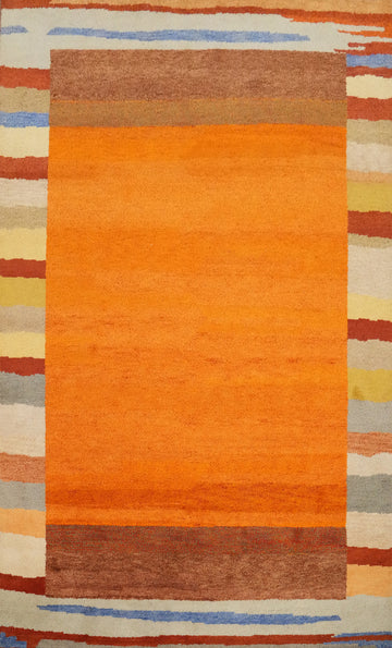 Vibrant Orange Gabbeh Area Rug 6x10 with Earth Tone Borders