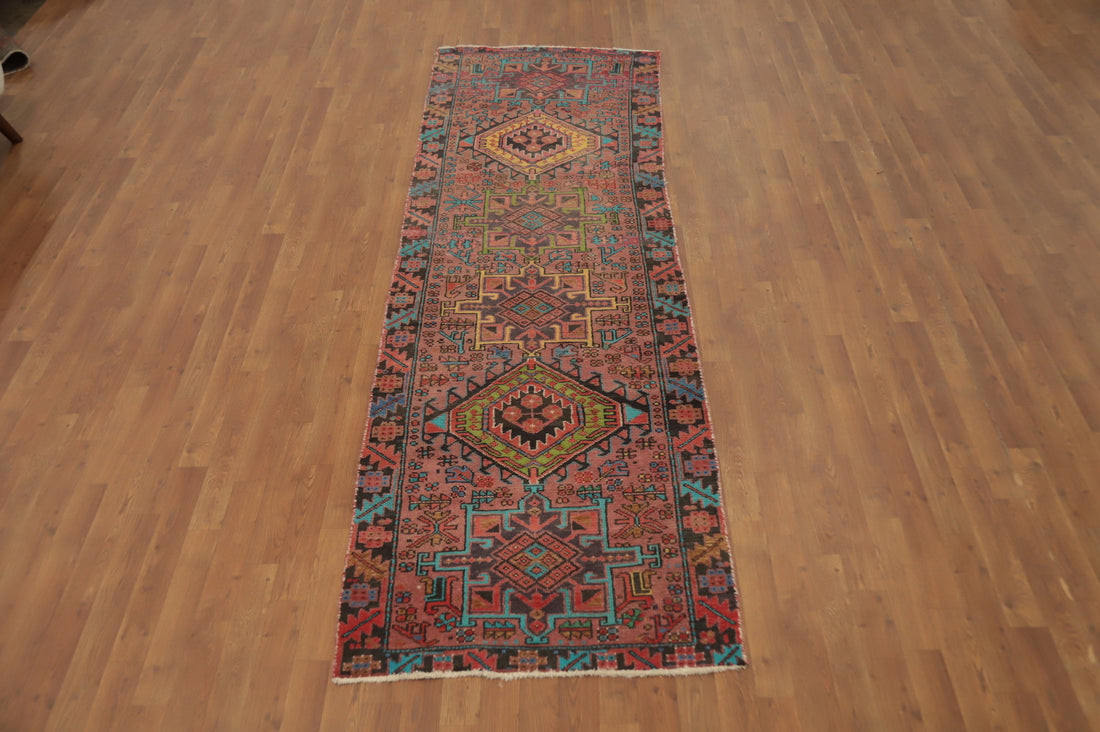 Pink Geometric Heriz Persian Runner Rug 3x9