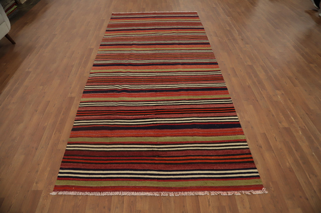Warm Striped Kilim Area Rug 5x11 in Earthy Tones for Cozy Spaces