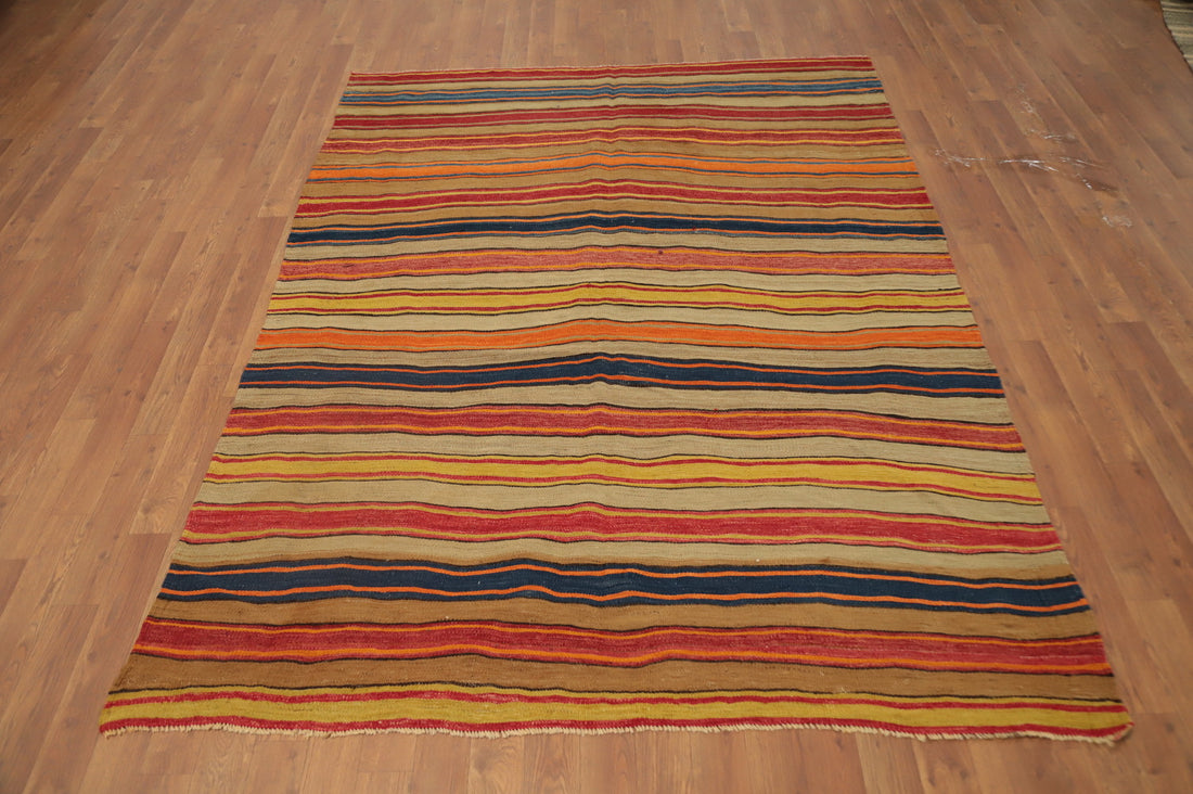 Earth-Toned Stripes Artisan Kilim Rug 5x7 for Home Décor
