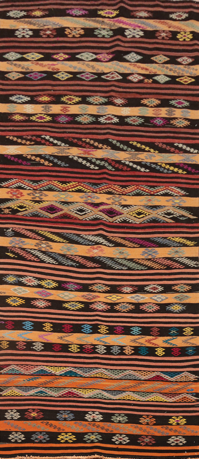 Vibrant Patterns on Kilim Runner Rug 4x11 Rich Textile Artistry
