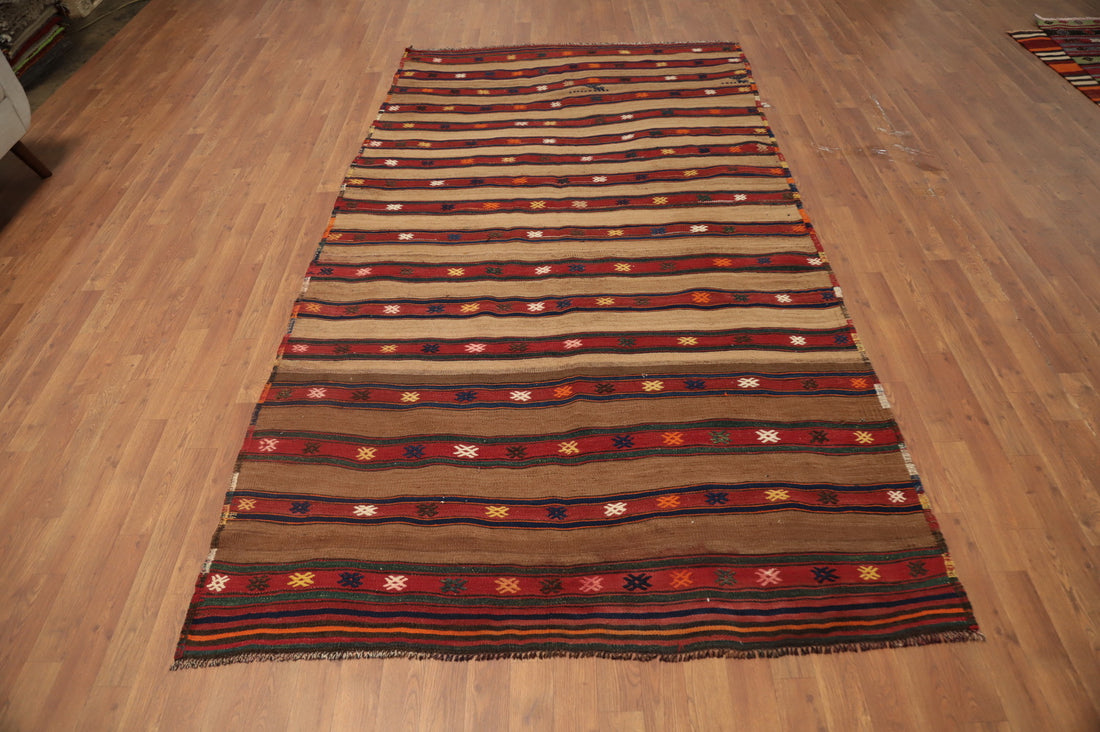 Handwoven Kilim Area Rug 5x10 with Rich Earth Tones and Stripes