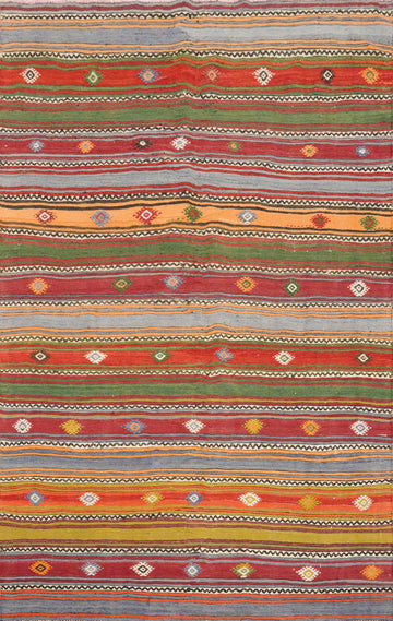 Vibrantly Striped Kilim Rug 5x7 with Geometric Motifs