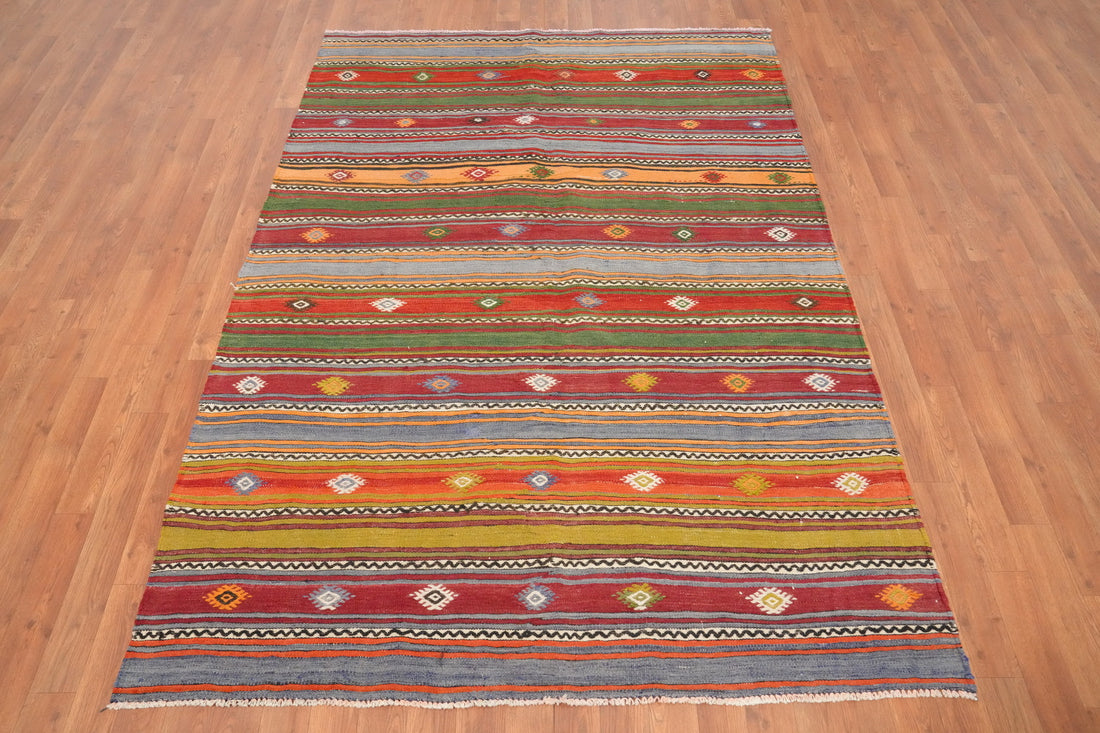 Vibrantly Striped Kilim Rug 5x7 with Geometric Motifs