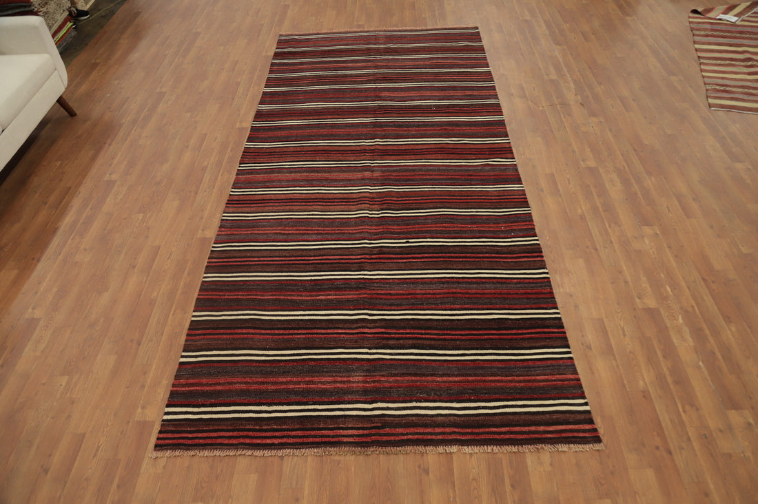Sophisticated Red Striped Kilim Area Rug 5x11 Enhances Any Room Decor