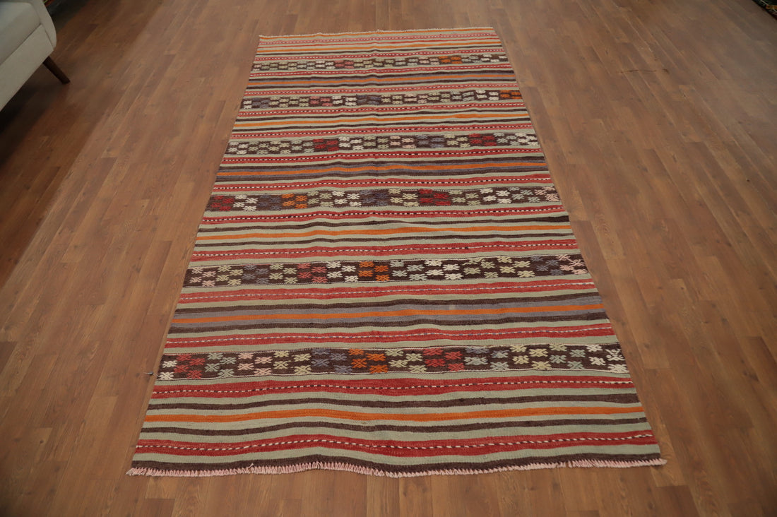 Vibrant Striped Kilim Area Rug 5x9 with Intricate Geometric Patterns