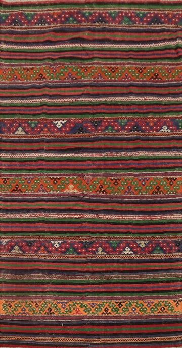 Vibrant Multicolor Tribal Kilim Area Rug 5x10 with Intricate Patterns