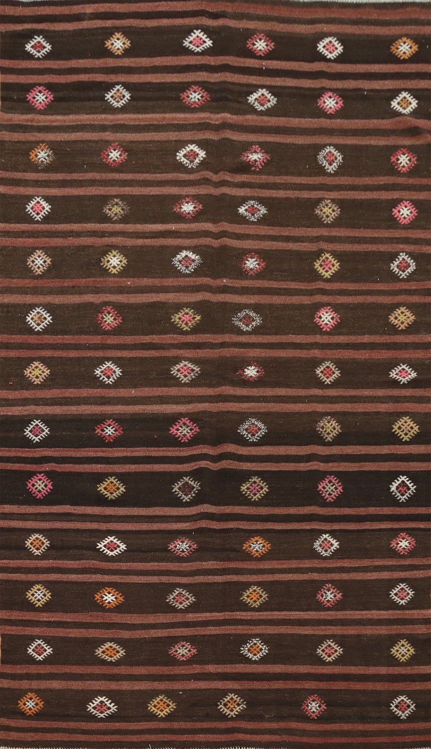 Rich Brown Kilim Area Rug 6x10 with Colorful Diamond Patterns