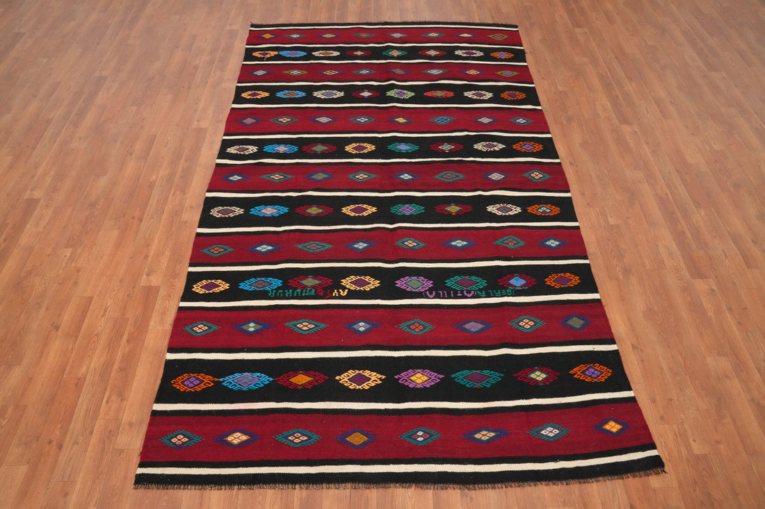 Vibrant Kilim Area Rug 5x9 Handwoven Stripes and Colorful Patterns