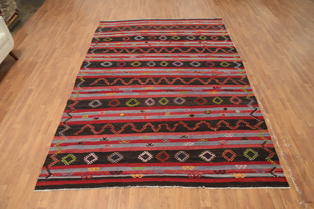 Vibrant Zigzag and Diamond Multi-Color Kilim Area Rug 7x11