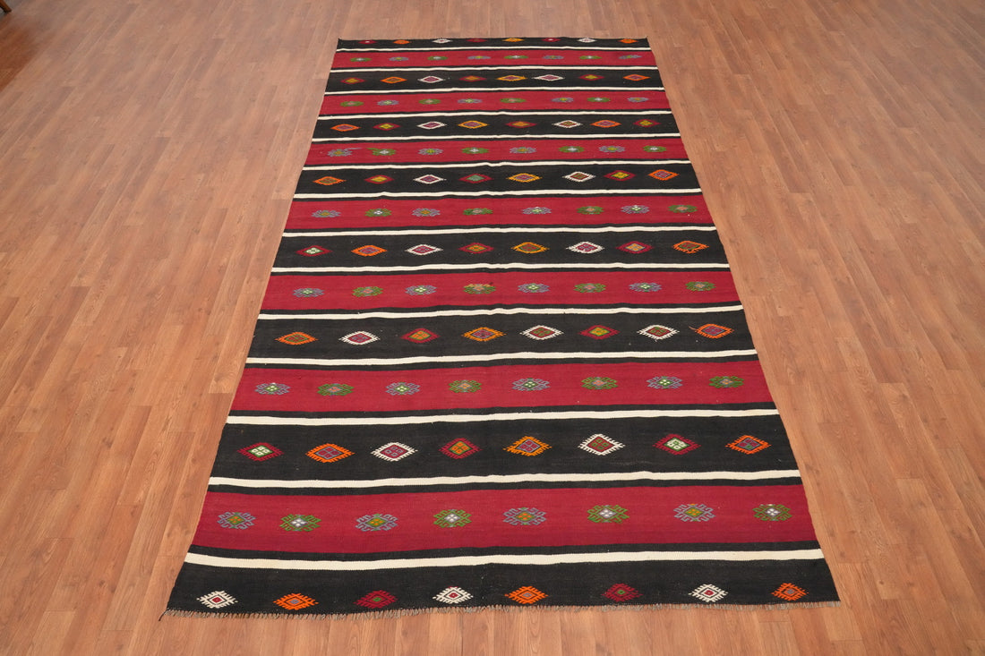 Eye-Catching Red and Black Striped Kilim Area Rug 6x10