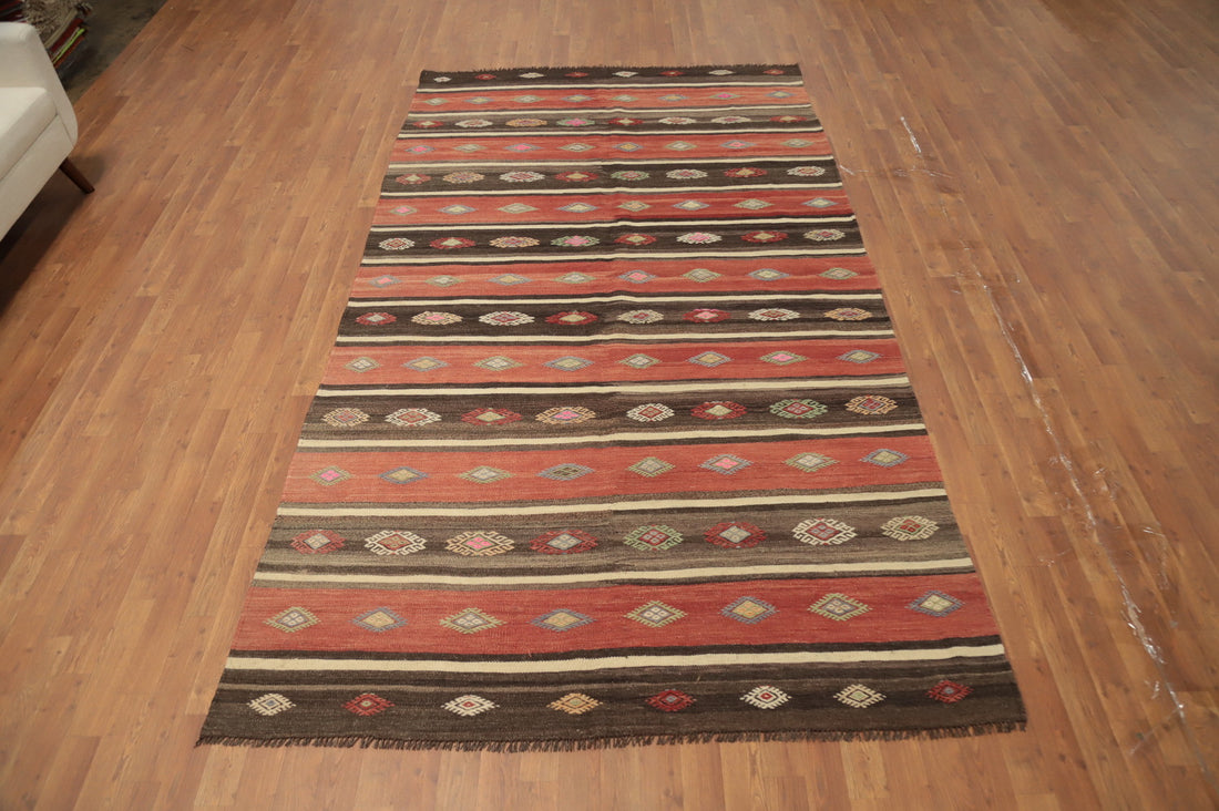 Elegant Artisan Kilim Area Rug 6x10 with Rich Color Stripes