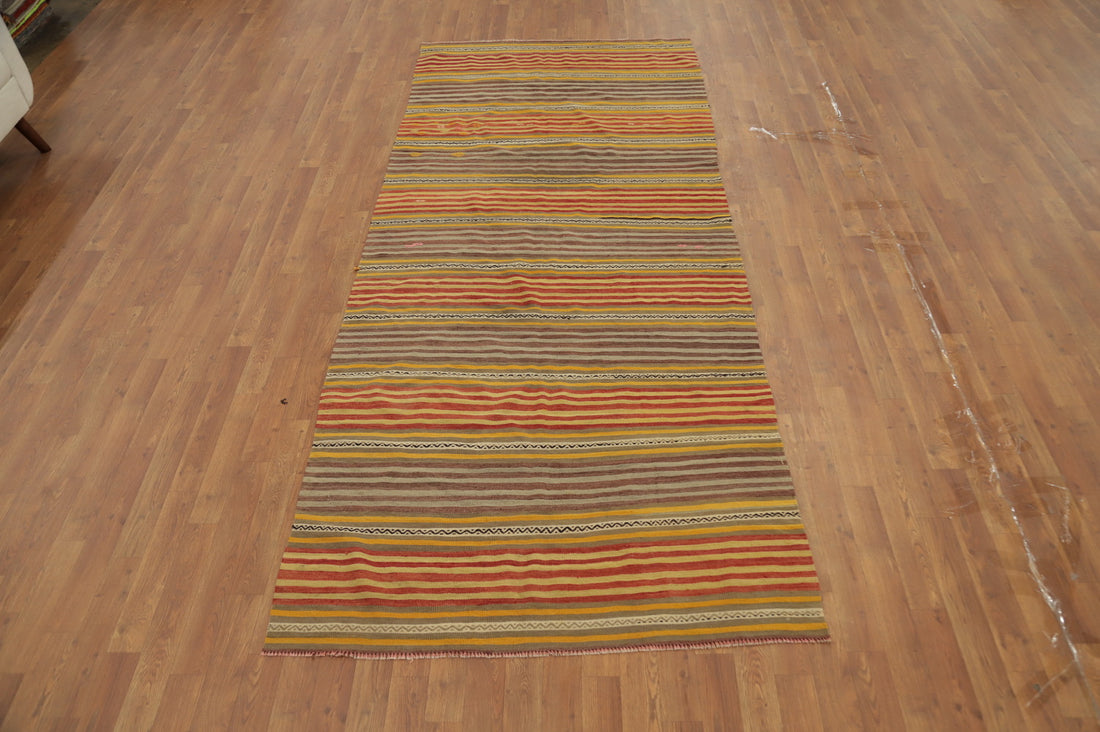 Bold Striped Kilim Runner Rug 4x10 with Warm Colors Palette