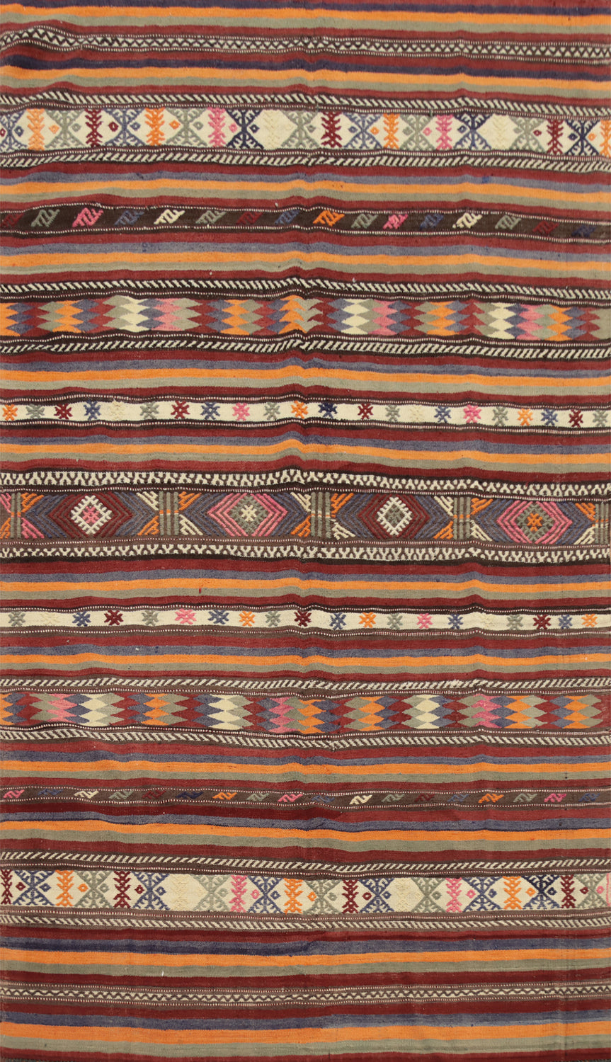 Bohemian Kilim Area Rug 6x10 in Colored Stripes and Ethnic Motifs