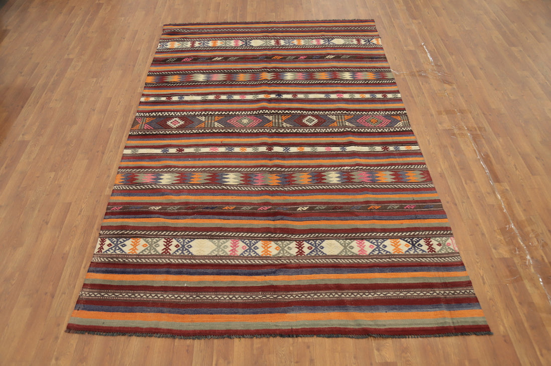 Bohemian Kilim Area Rug 6x10 in Colored Stripes and Ethnic Motifs
