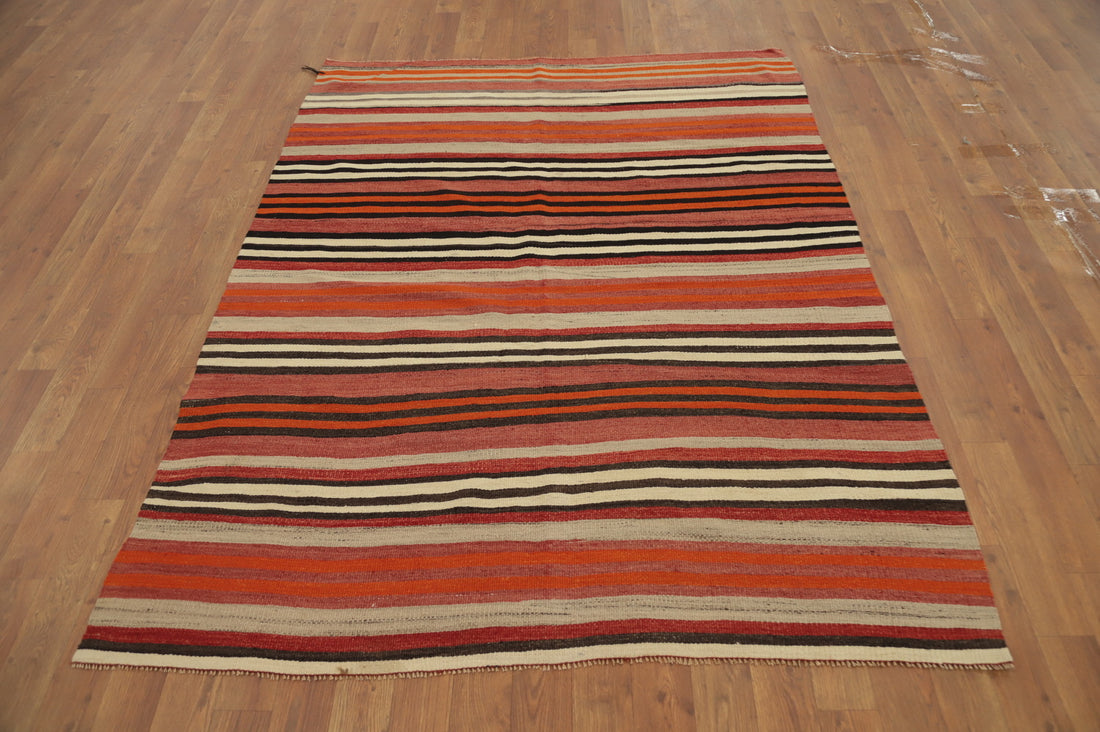 Vibrant Autumn Stripes in A Cozy Handmade Kilim Rug 5x6