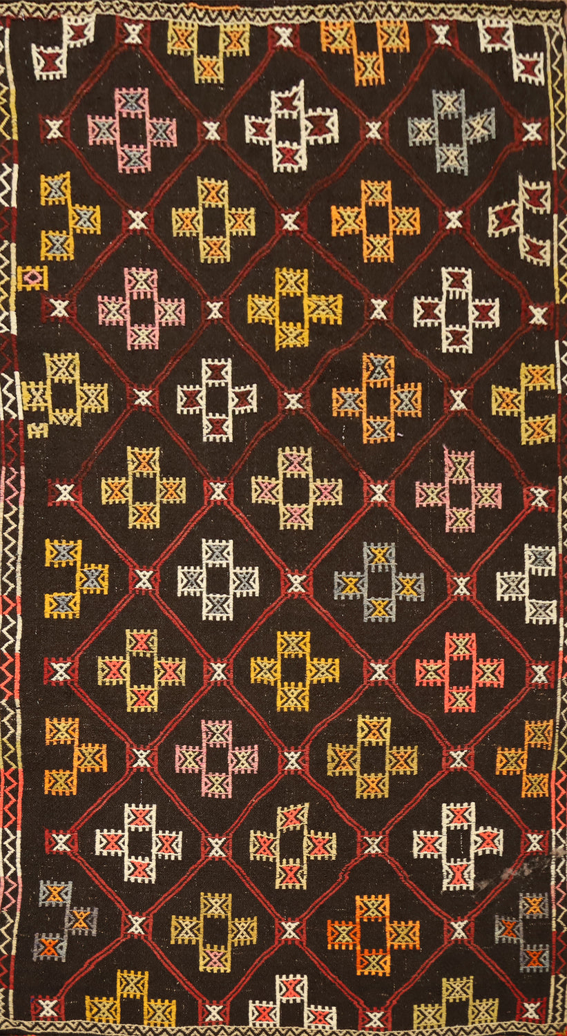 Dark Geometric Kilim Vegetable Dye Wool Rug 4x8