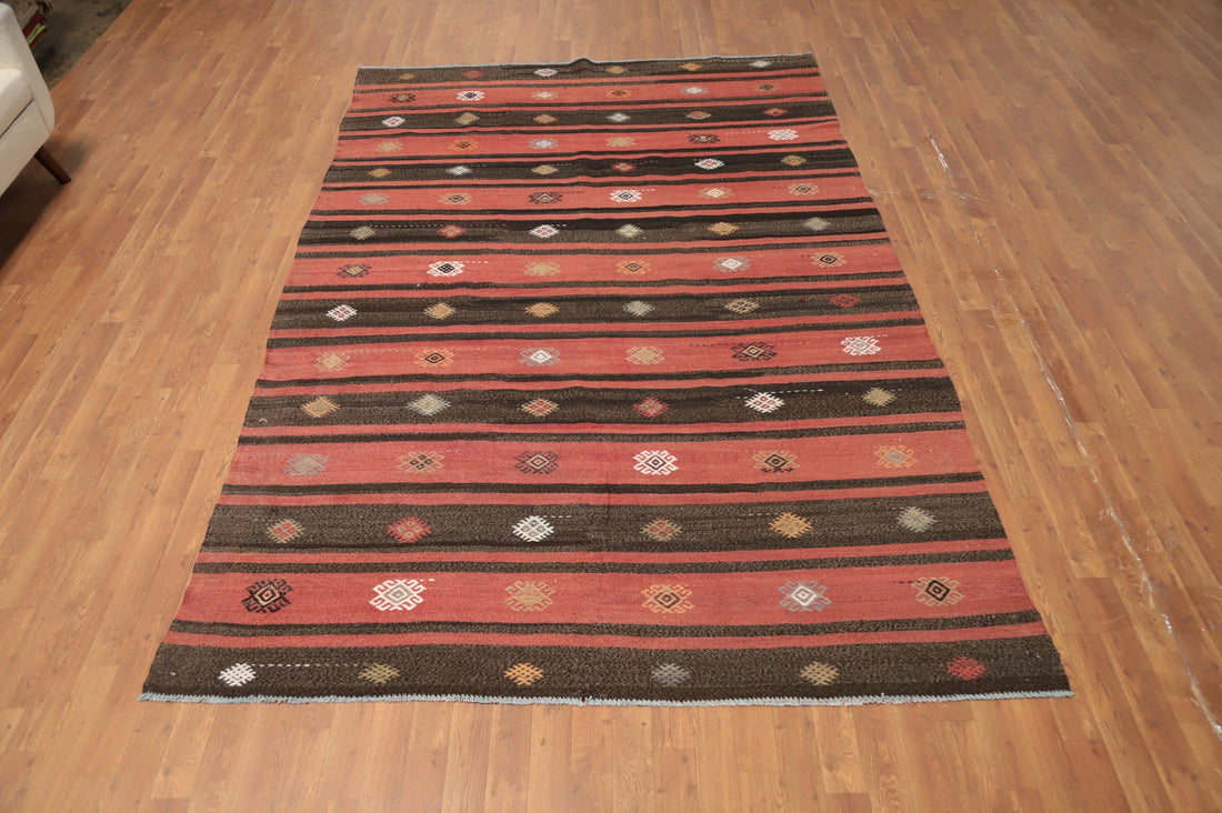 Elegant Tribal Striped Kilim Area Rug 7x10 with Geometric Accents