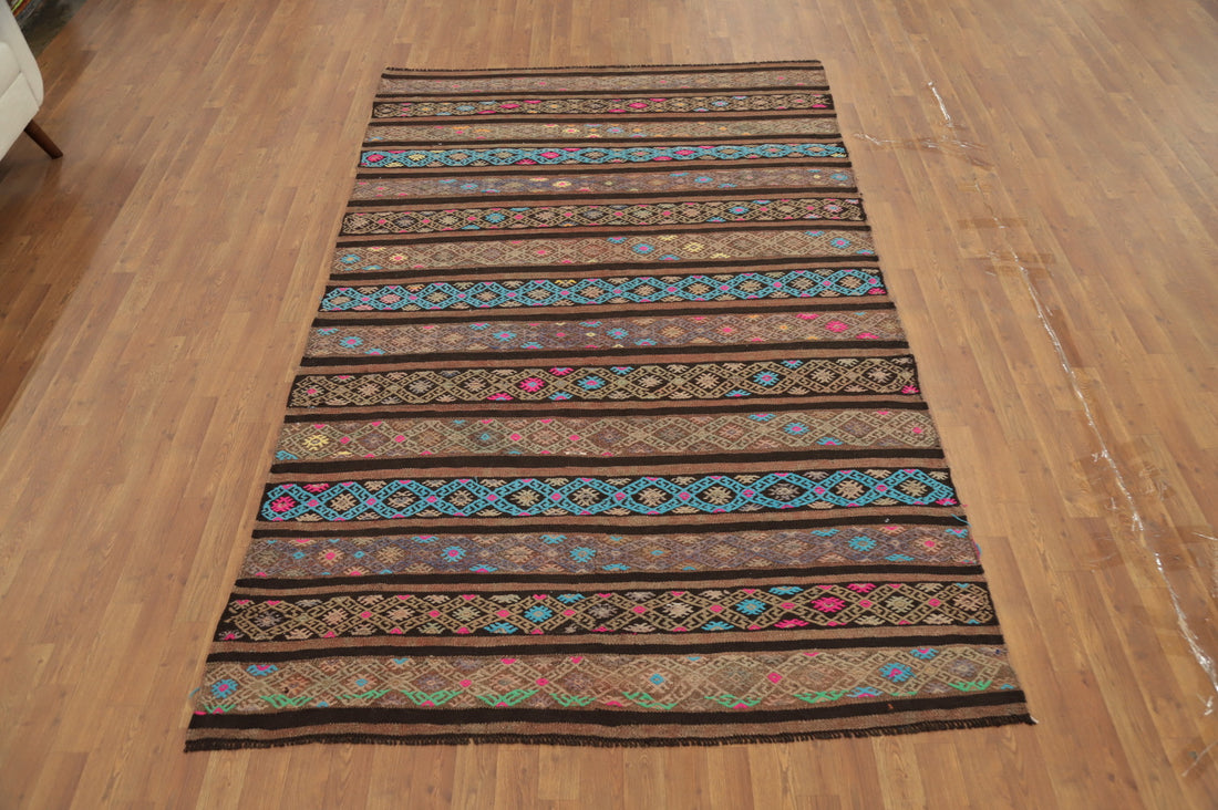 Handwoven Kilim Area Rug 6x9 with Vibrant Multicolored Stripes