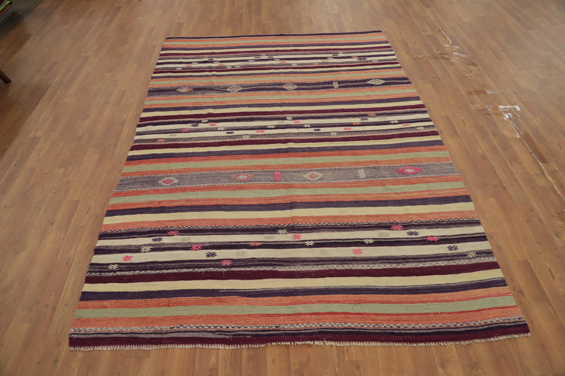 Vegetable Dye Kilim Striped Wool Area Rug 6x8