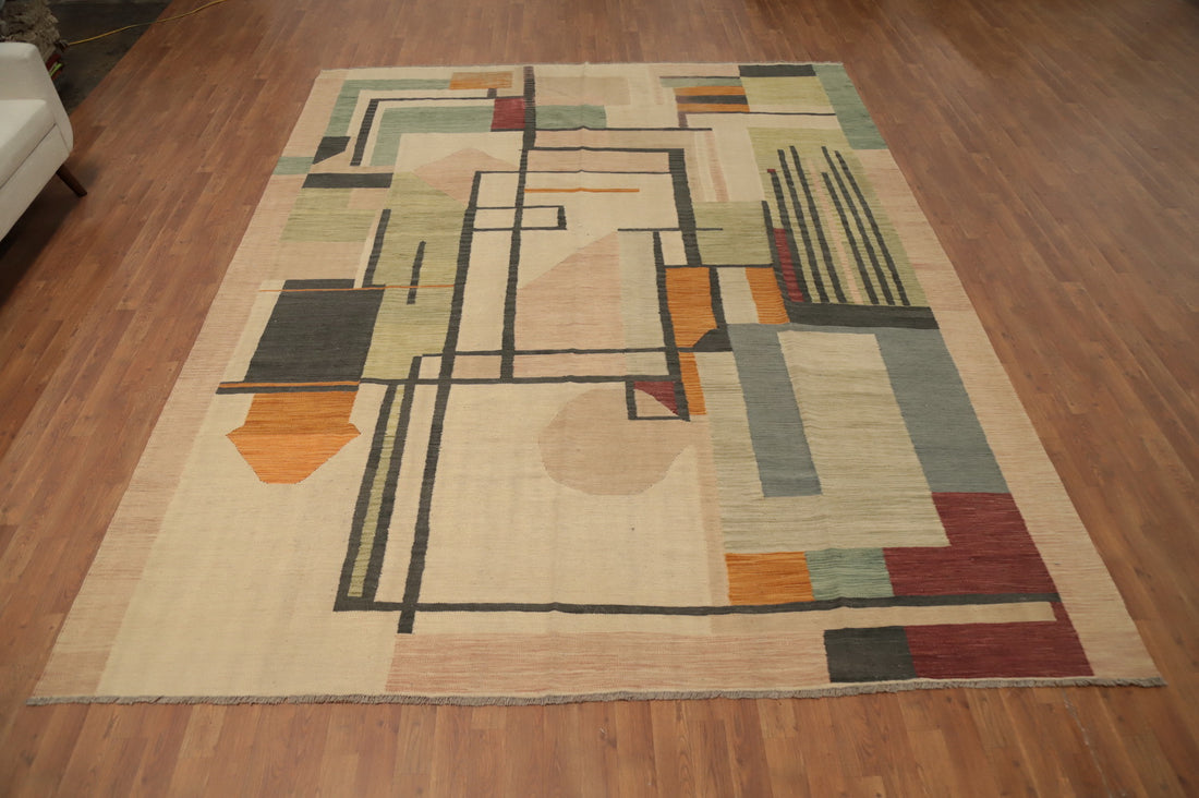 Modern Abstract Kilim Area Rug 9x12 with Colorful Geometric Shapes