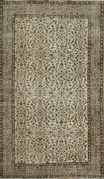 Vintage Distressed Wool Floral Turkish Area Rug 4x7