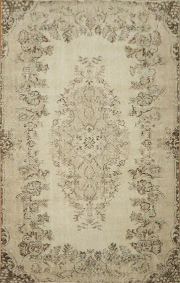 Vintage Distressed Wool Floral Turkish Area Rug 6x9