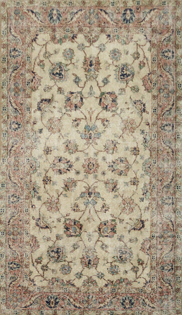 Vintage Distressed Wool Floral Turkish Rug 4x7