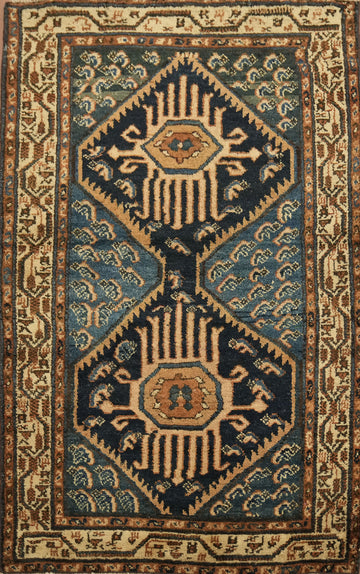 Vintage Geometric Patterned Blue Wool Malayer Rug 3x5