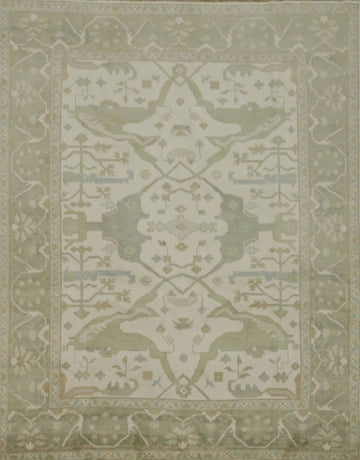 Traditional 8x10 Ivory and Light Green Oushak Hand-Knotted Area Rug