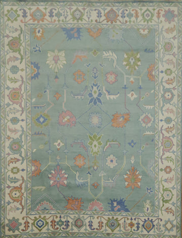 9x12 Traditional Aqua Blue Oushak Rug | Hand-Made Wool Oriental Area Rug