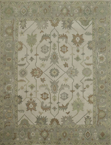 Classic Ivory and Green Oushak Indian Wool Rug with Grey Border 9x12 ft