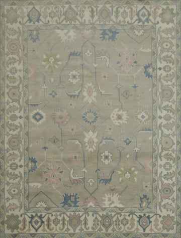 9x12 Oushak Wool Rug | Muted Green & Ivory Traditional Area Rug